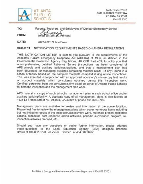 AHERA Regulations Letter